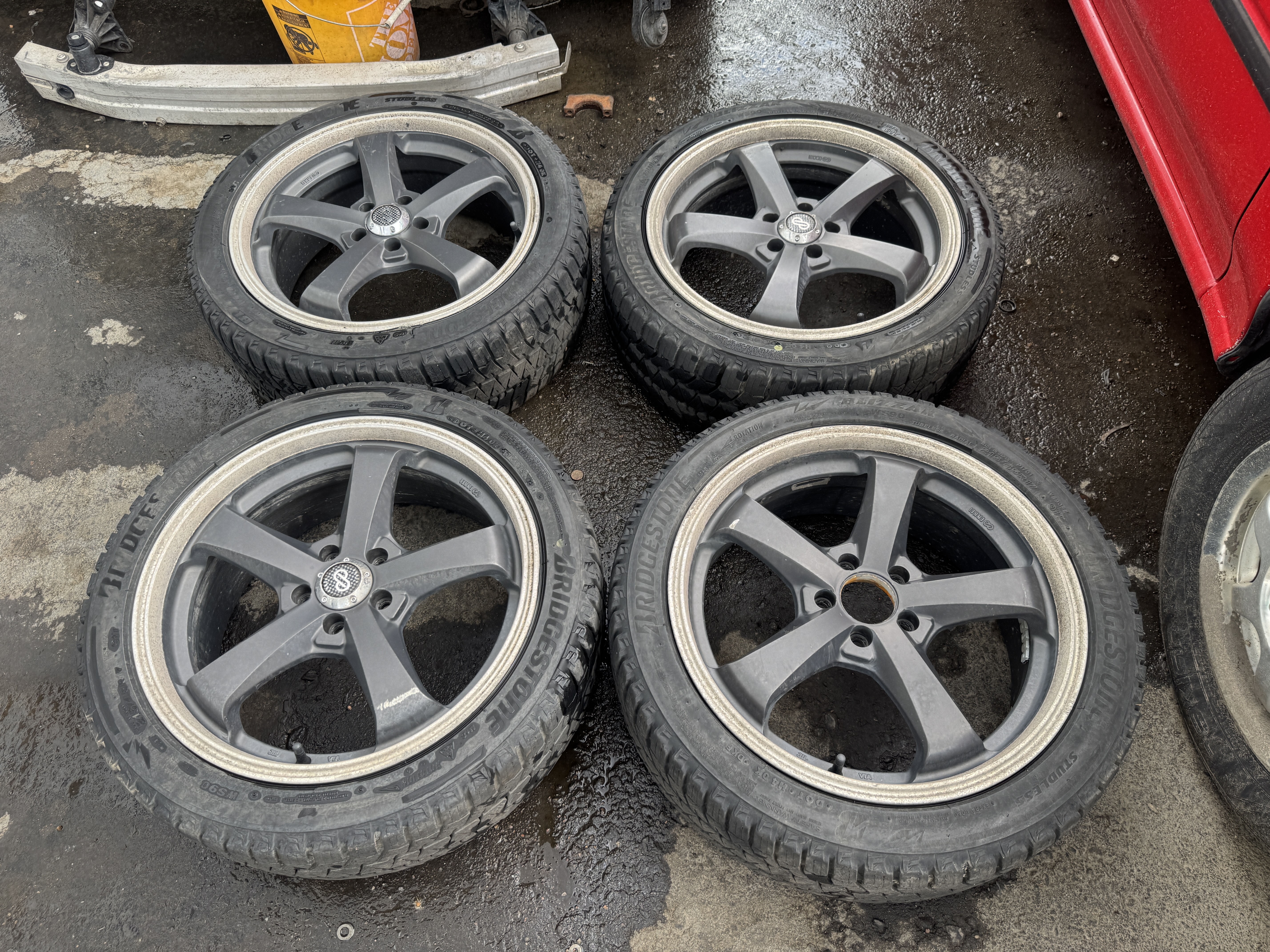 $400: Enkei wheels in decent shape, have blizzak tires with more than half life tread (7/32nds), 215/45/17